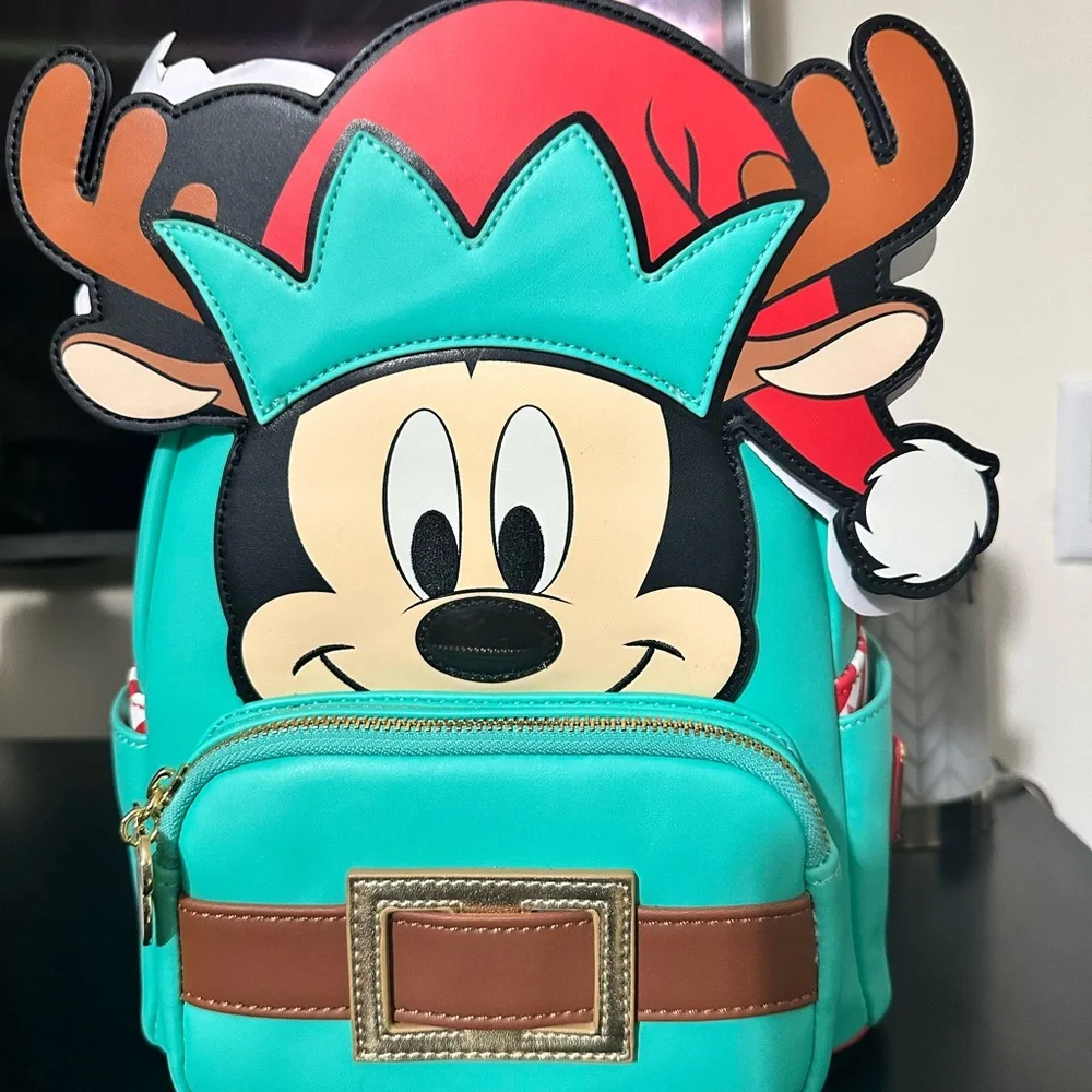 Disney Mickey Mouse Aqua and Brown Elf Backpack with Holiday Hat - Picture 7 of 9